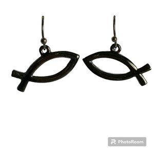 Ichthys Earrings Dangle Black Gunmetal Plated Christian Fish Symbol Ichthus